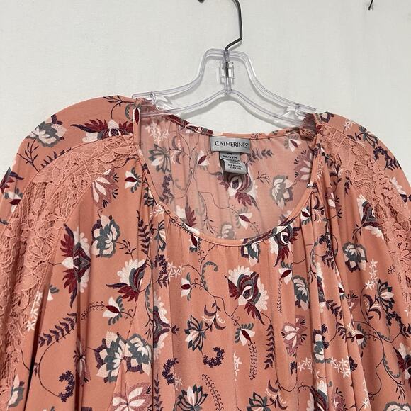 Catherines Tunic Top Size 4X Floral Blouse Flutter 3/4 Sleeves Lace Trim Peasant - Picture 2 of 12